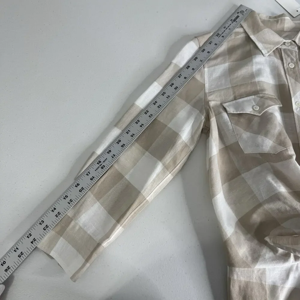 Sara Roka Drake Belted Dress‎ Womens 40 Beige Linen Gingham Shirt Midi Cottage